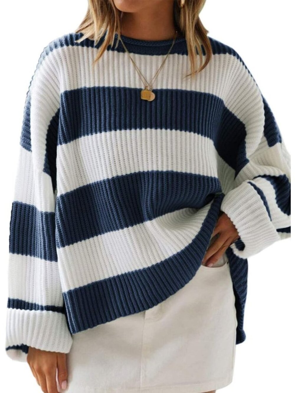 Women's Navy Fall Winter Oversized Striped Knit Fashion Long Sleeve Sweaters